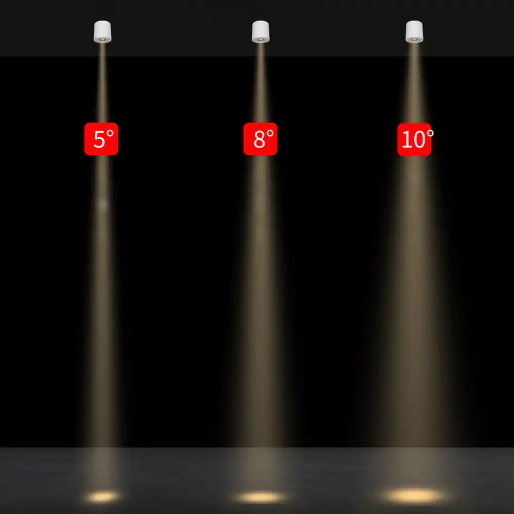 Beam angles of 5°, 8°, and 10° showcasing professional LED spotlights.